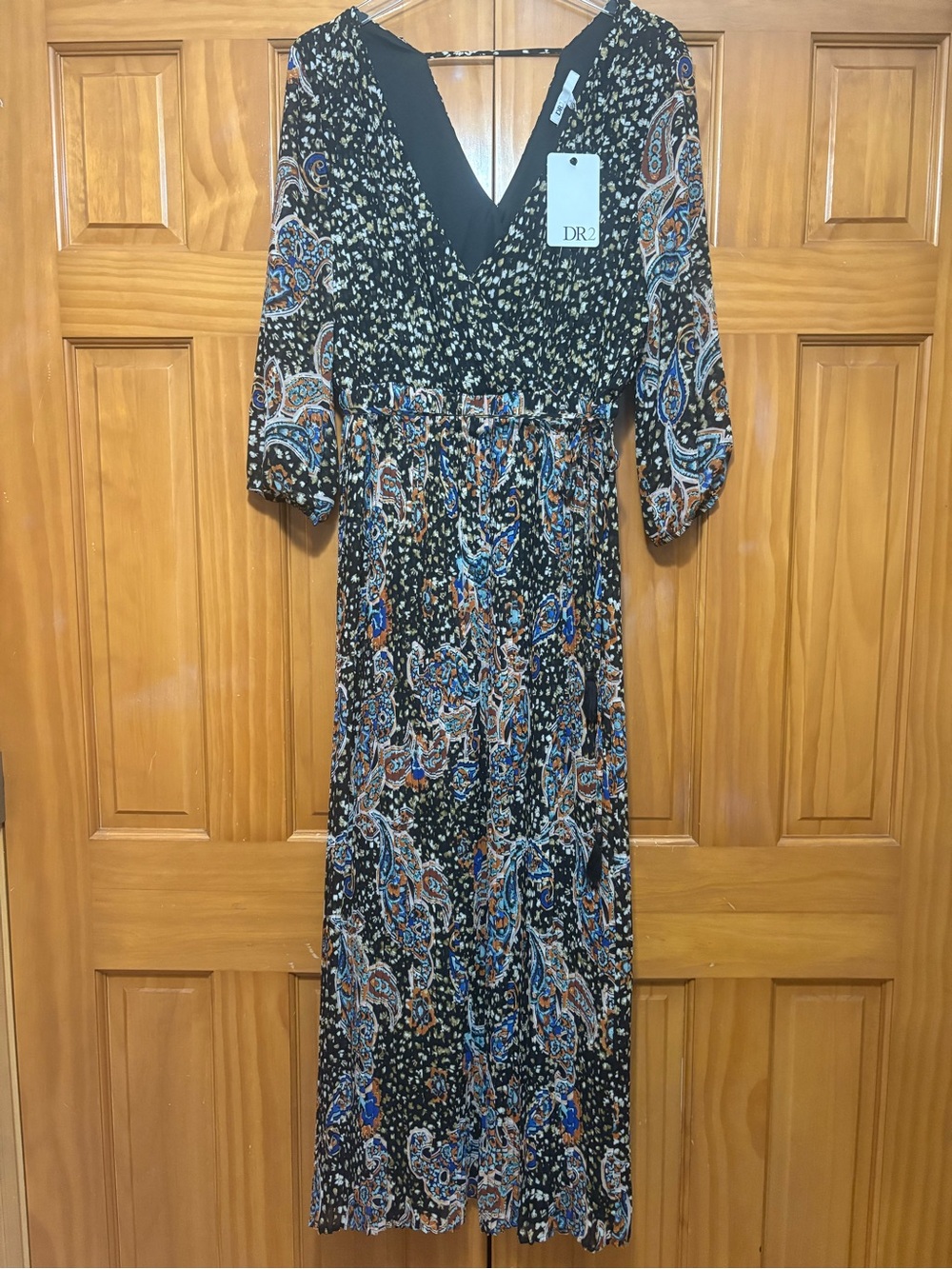 DR2 Black Paisley Maxi Dress with Blue & Brown Accents Size Small NWT